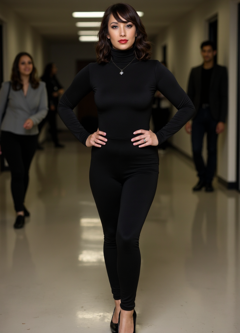 SFW, brightly lit, The image shows a woman standing in a hallway with her hands on her hips. She is wearing a black turtleneck top, black leggings, and black high heels. Her hair is styled in loose waves and she is looking directly at the camera with a serious expression. The background is blurred, but it appears to be an indoor space with other people walking around. The overall mood of the image is sophisticated and edgy., aidmaimageupgrader<lora:flux\custom\celebrity\cheryl-burke.safetensors:1.05:1.05> <lora:turbo-8-step-flux.safetensors:0.5:0.5> <lora:flux\style\Common\aidmaImageUprader-FLUX-v0.3.safetensors:0.25:0.25>