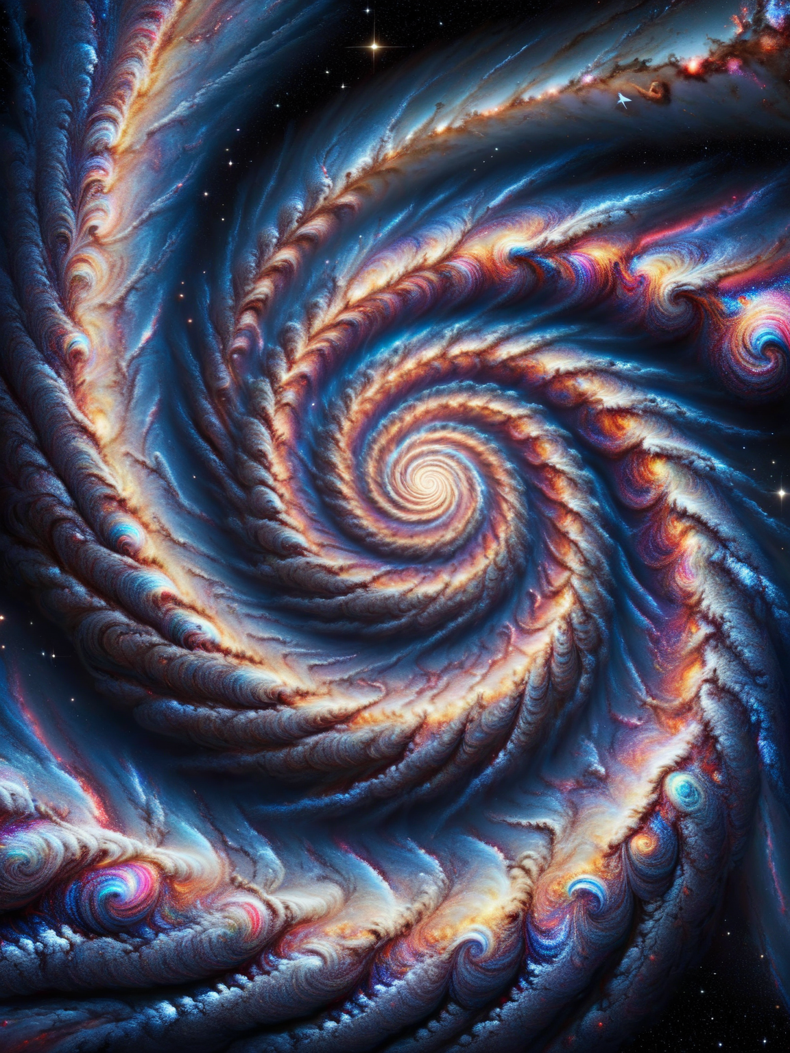 A stunning spiral galaxy in outer space, with ais-spirals forming the galaxy's arms, against a backdrop of distant stars <lora:Colorful_Spirals_SDXL:1>.