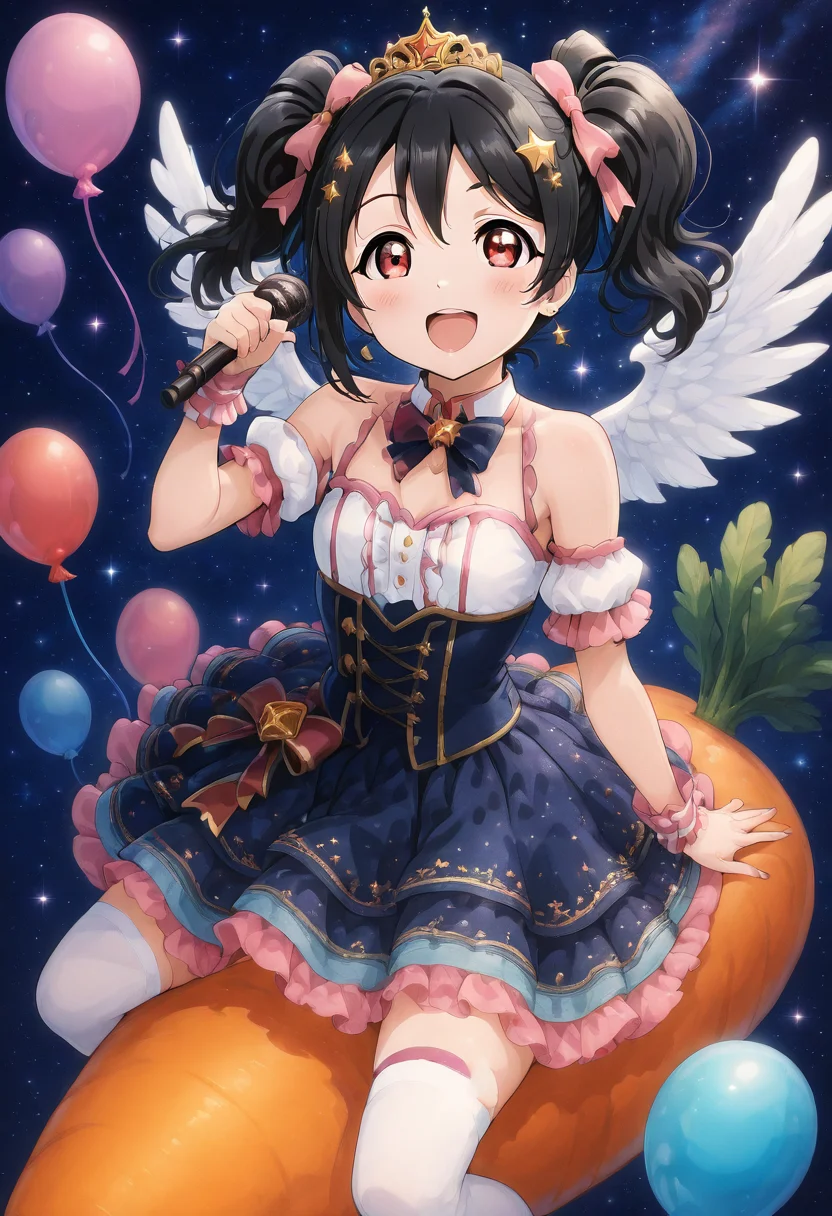 masterpiece, best quality, 1girl, solo, eyelashes, (beautiful eyes), C4rr0tR1d3r, sideways, 1girl, solo, looking at viewer, blush, smile, open mouth, star (sky), starry sky, ,<lora:C4rr0tR1d3r_IXL_v1:1.0>, 1girl, angel wings, balloon, bare shoulders, black hair, blush, bow, collarbone, dress, earrings, feathered wings, frilled dress, frills, hair ornament, hairclip, heart, heart balloon, holding, holding microphone, idol, jewelry, long hair, looking at viewer, m/, microphone, nail polish, open mouth, pink nails, red eyes, ribbon, sleeveless, sleeveless dress, smile, solo, stage, star (symbol), star hair ornament, striped, striped bow, thighhighs, tiara, twintails, vertical stripes, white thighhighs, white wings, wings, wrist cuffs, x hair ornament, yazawa nico, ,<lora:LoveLiveSchoolIdolFestivalAllStarsNAI:1.0>,