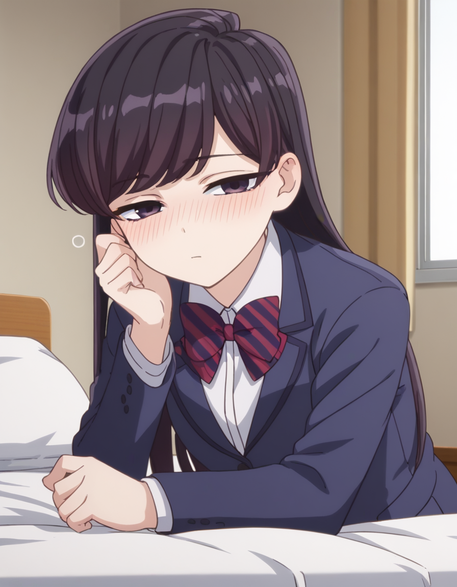 score_9, score_8_up, score_7_up, source_anime,
shoukokomi, <lora:shouko-komi-s1s2-ponyxl-lora-nochekaiser:1>,
shouko komi, long hair, bangs, black hair, black eyes, half-closed eyes,
skirt, shirt, long sleeves, bow, school uniform, jacket, white shirt, pantyhose, pleated skirt, striped, collared shirt, bowtie, red skirt, blazer, blue jacket, striped bow, striped bowtie,
indoors, bed, bed room, on side, blush, drunk,
looking at viewer, cowboy shot, dutch angle, solo,