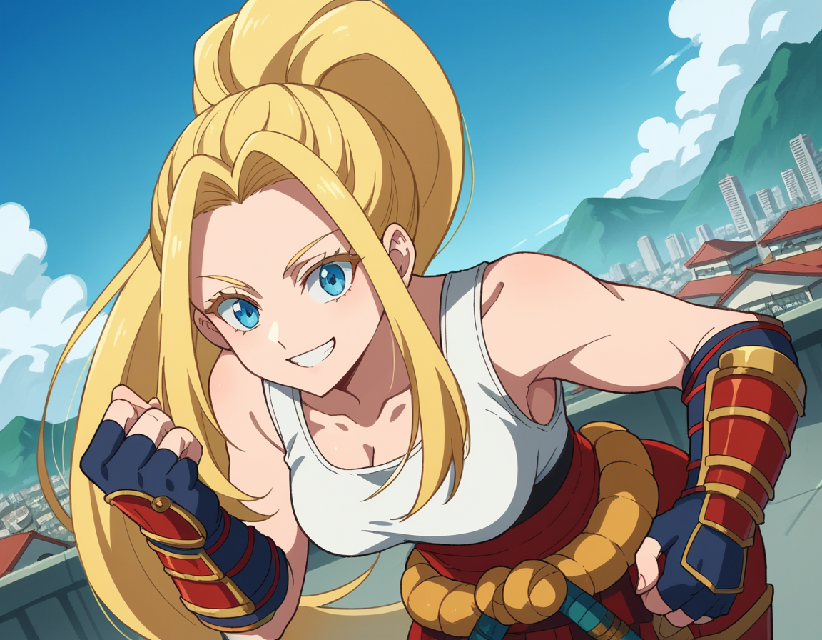 score_9, score_8_up, score_7_up, source_anime,
beatrixamerhauser, <lora:beatrix-amerhauser-s1-ponysdxl-lora-nochekaiser:1>,
beatrix amerhauser, long hair, blue eyes, blonde hair, gloves, ponytail,
gloves, fingerless gloves, armor, japanese armor, tank top, white tank top,
outdoors, cityscape, bent over, smile,
looking at viewer, cowboy shot, dutch angle, solo,