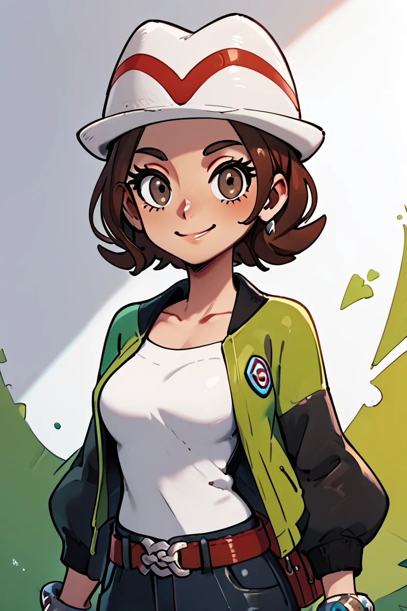 score_9, score_8_up, score_8, medium breasts, (curvy), cute, eyelashes, ,,, zzMC, brown eyes, brown hair, short hair, medium hair, white headwear, green jacket, long sleeves, open jacket, white shirt, collarbone, pants, bracelet, belt buckle, ,<lora:ProtagonistFPokemonZA_PDXL_v3:1.0>, ,,, BREAK, <lora:GoldenCAT_Lora_PDXL_v2:0.8>, smile, closed mouth, looking at viewer, cowboy shot, ,,, embedding:zPDXL, Expressiveh, ,,, <lora:Expressive_H-000001:0.4>,