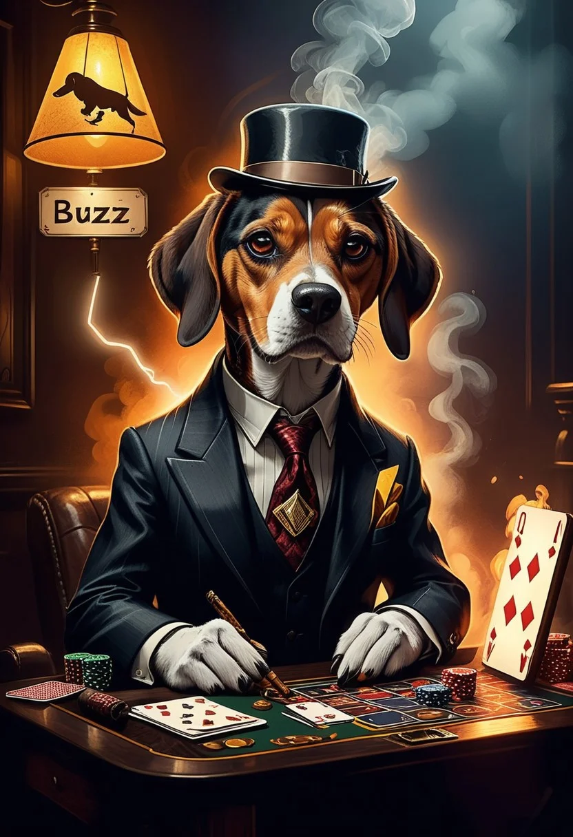 Photo of an old beagle playing poker, smoking a large cigar, wearing a 1920s suit, holding a hand of cards with a cartoon lightning bolt on the back, with a metal sign in front of him that reads text:"BUZZ?", atmospheric, dark, alcohol inks, night, rich colours, subtle colours, reflections, glistening, moonlight, backlit, rim lighting, backstage lighting, low-key