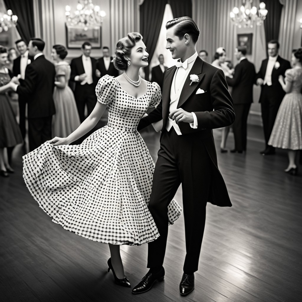 1male, 1female, Graceful couple in stunning vintage outfits, dancing elegantly with poise in a vintage-era setting, retro black and white theme, capturing timeless elegance, focus on the couple as they move gracefully together, with a collection of cherished couple photos displayed in the background, viewed from a bird's-eye perspective, adding depth and a unique angle, enhancing the nostalgic and romantic ambiance.