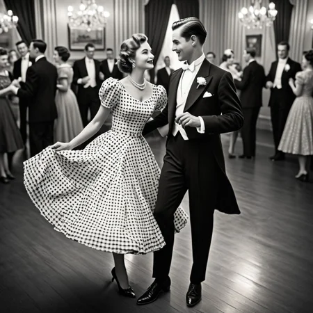 1male, 1female, Graceful couple in stunning vintage outfits, dancing elegantly with poise in a vintage-era setting, retro black and white theme, capturing timeless elegance, focus on the couple as they move gracefully together, with a collection of cherished couple photos displayed in the background, viewed from a bird's-eye perspective, adding depth and a unique angle, enhancing the nostalgic and romantic ambiance.