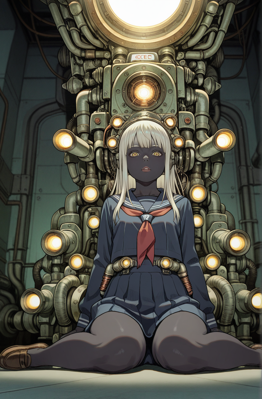 1girl,black skin,platinum hair,  from very below,close-up,wariza,serafuku,looking at viewer, 
tatsuyuki, (too much machine:1.3) ,A room full of pipes, searchlights, (Bionic :1.2)
 <lora:Perfect Hands:1>  <lora:Tatsuyuki:0.9> <lora:add-detail-xl:1><lora:age_slider_v4:-1>, score_9, score_8_up, score_7_up, score_6_up, score_5_up, score_4_up,zPDXL