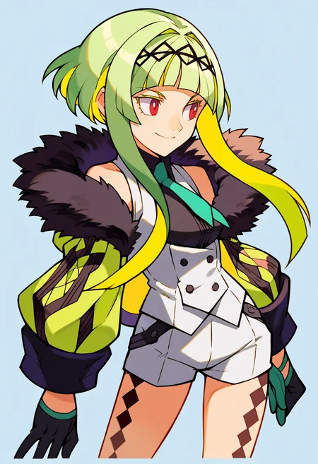 score_9, score_8_up, score_7_up, source_anime BREAK solo, 1girl, <lora:Ringo-pdxl_Fp:1>, ringosh2, short hair with long locks, green hair, multicolored hair, red eyes, hairband, white vest, white shorts, gloves, necktie, smile, shirt, body markings, sleeveless, collared shirt, jacket, cropped jacket, fur trim, <lora:MVC2-pdxl-DoRA_Fp:1>, simple background, looking to the side,