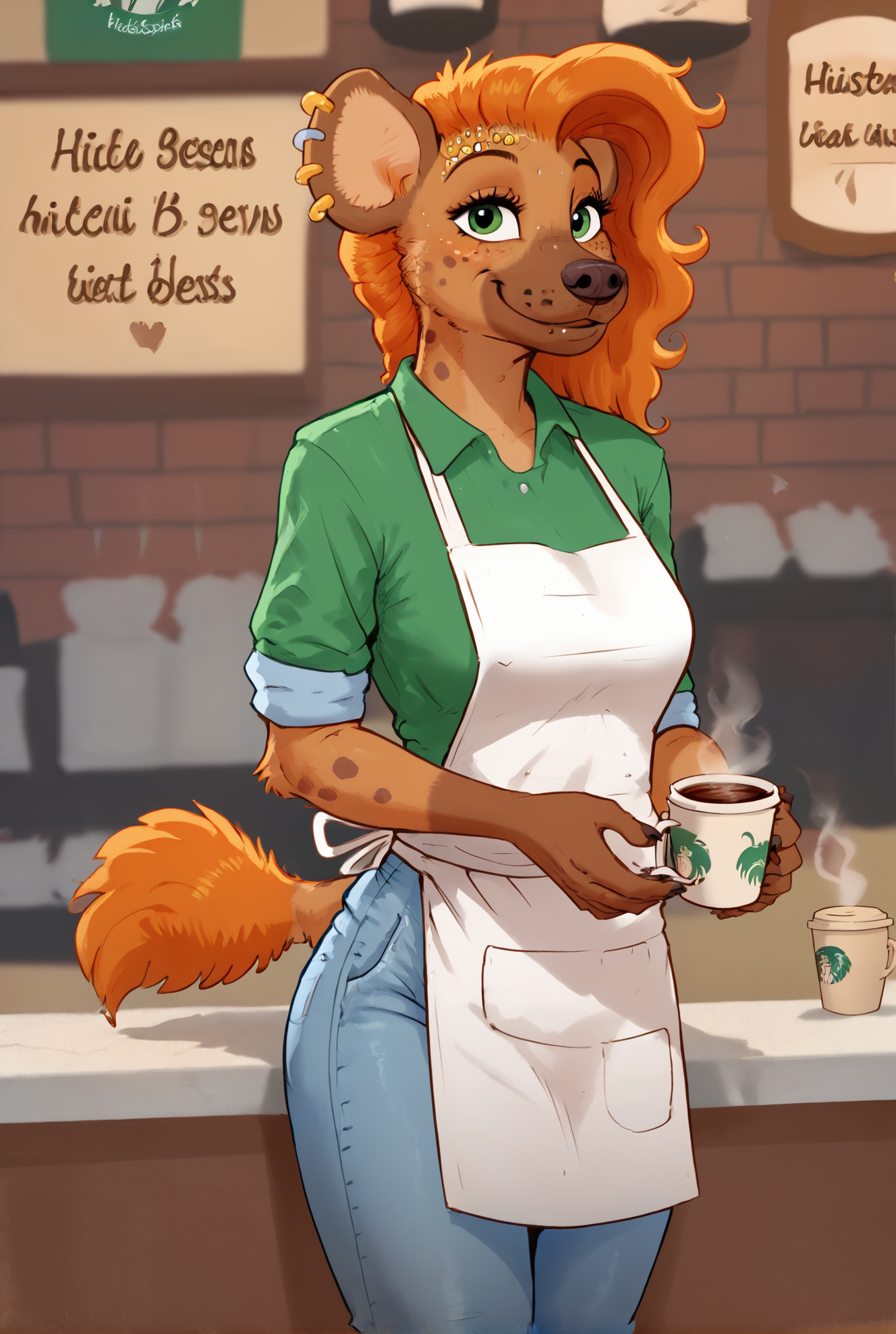 score_9, score_8_up, score_8,
<lora:Hibiscus_Blossom_Aromatic_Hyena_for_PonyXL:0.8> 1girl, h1biscu5, hyena girl, furry female, tail, solo, animal ears, orange hair, freckles, green eyes, jewelry, snout
shirt, jeans, coffee shop, apron, uniform, smile