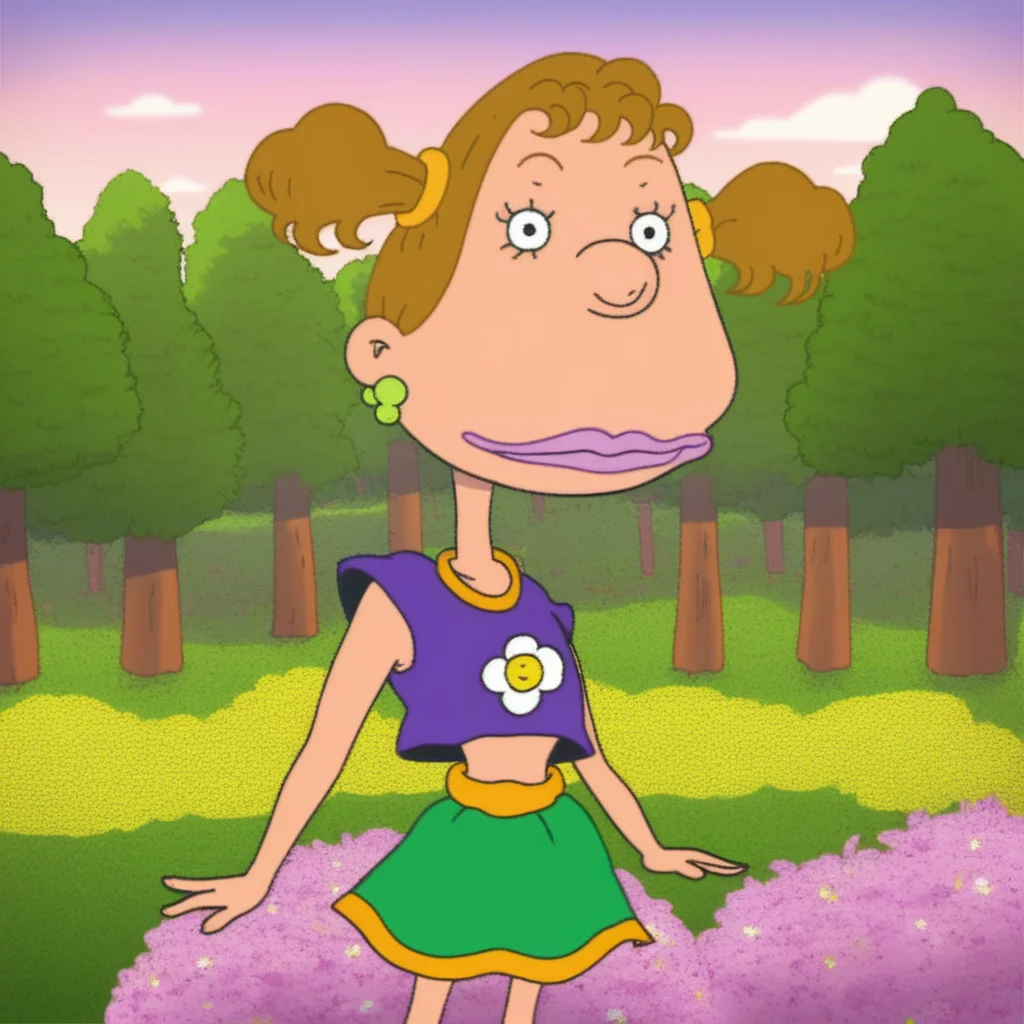 score_9, solo, Dodie_atbg. short twintails, brown hair, earrings, crop top, skirt, looking at viewer, trees, flowers, natural lighting