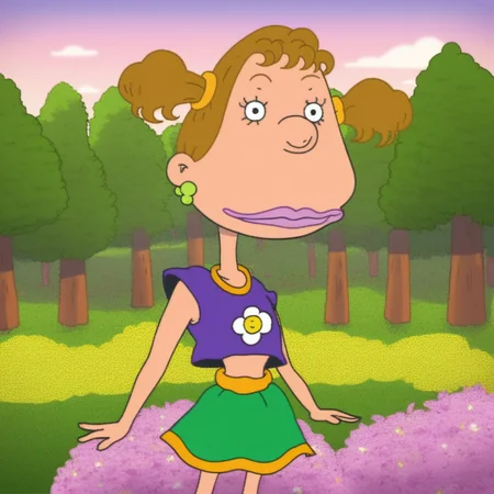 score_9, solo, Dodie_atbg. short twintails, brown hair, earrings, crop top, skirt, looking at viewer, trees, flowers, natural lighting