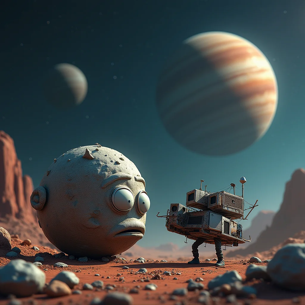 Create a picture of a used car lot for discarded space junk, with a salesman asteroid trying to sell a beaten-up satellite to a skeptical comet, photo realistic, 4k