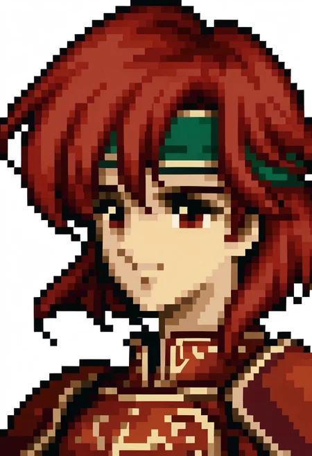 score_9, score_8_up, score_7_up, source_anime, 1girl, solo, smile,
<lora:zs_FE4PortraitsXL:1> fe4portraits, portrait, pixel art, white background,
<lora:feminerva-pdxl-nvwls-v1-000005:1> feMva, red hair, short hair, red eyes, green headband, red armor, shoulder armor, gauntlets,