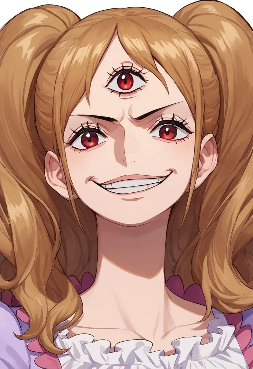 score_9, score_8_up, score_7_up, source_anime, solo, 1girl, Charlotte Pudding, light brown hair, pigtails, lips, brown eyes, frilly light-purple top, puffy light-purple pants, shoes, Third eye, evil grin, smirk, portrait, close up, halfbody, looking at viewer, standing, white background
