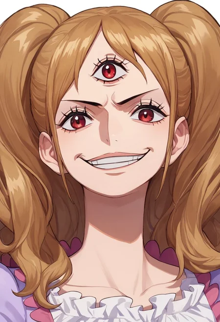 score_9, score_8_up, score_7_up, source_anime, solo, 1girl, Charlotte Pudding, light brown hair, pigtails, lips, brown eyes, frilly light-purple top, puffy light-purple pants, shoes, Third eye, evil grin, smirk, portrait, close up, halfbody, looking at viewer, standing, white background