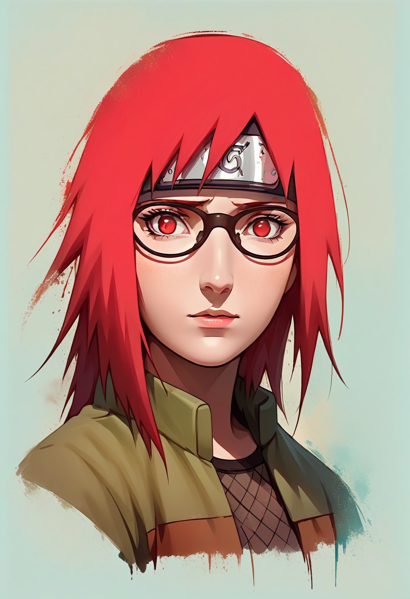 Faded Headshot, faded bottom, faded edges ,score_9,score_8_up,score_7_up,score_6_up,score_5_up,
1girl, karin uzumaki, genin, \(Naruto\), red eyes, red hair, short and spiky hair on the right side, longer and straight hair on the left side, glasses,
Fishnet top, fishnets, fishnet tights, green jacket, short sleeves, brown skirt, skirt, kusagakure symbol, toeless footwear,
digital illustration, disney, rule 63, full body, perfect anatomy, perfect face, abstract beauty, beautiful, centered, looking at the camera, approaching perfection, dynamic, moonlight, highly detailed, watercolor painting, artstation, concept art, smooth, sharp focus, illustration, 
(upper body:1.2), (close up:1.5), portrait, rated_safe,