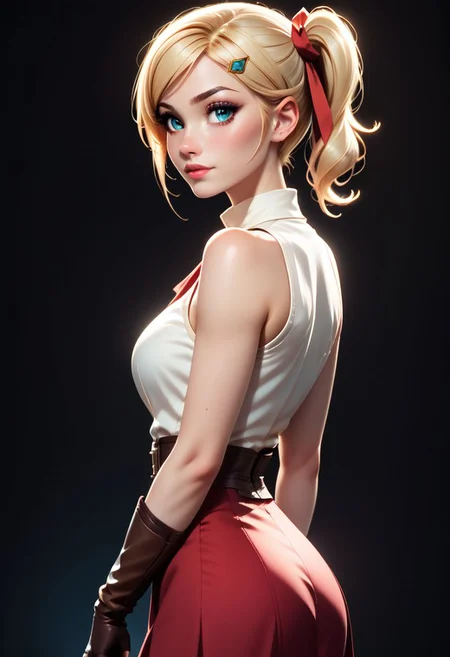 score_9, score_8_up, score_7_up, score_6_up, score_5_up, score_4_up score_9,score_8_up, digital art, female portrait, realistic 3D illustration, elegant updo, soft lighting, contemplative expression, dark background, subtle makeup, high-resolution, detailed texture, emotional depth, dramatic mood, side profile, serene atmosphere, cinematic lighting.
1girl, Emma brightness, \(The Hidden Dungeon Only I Can Enter\), blonde hair, blue eyes, short hair, hair ribbon, side ponytail, hairclip,
red skirt, fingerless gloves, brown gloves, sleeveless, boots, brown footwear, black socks,