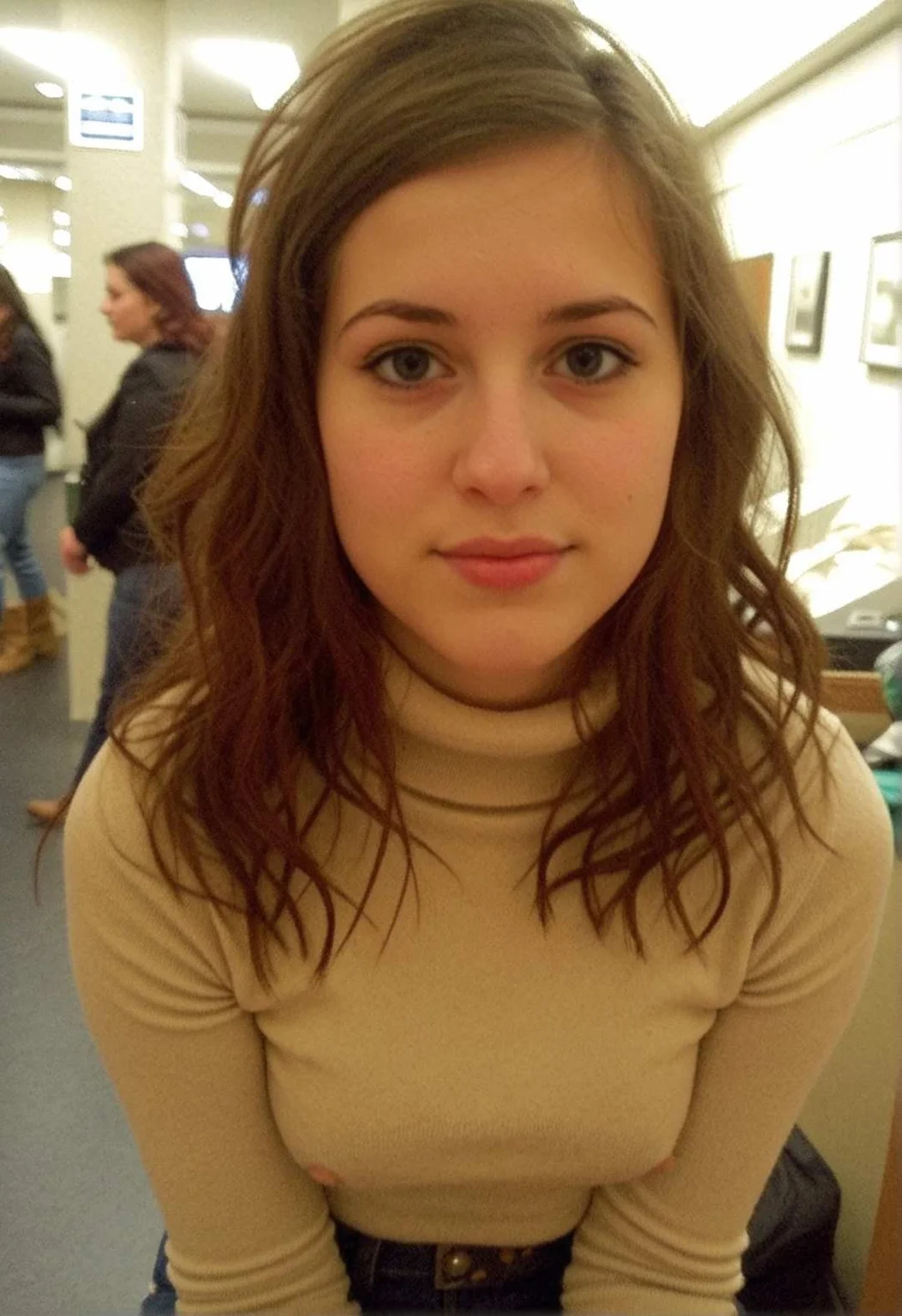 cute 19yo half Norwegian/Salvadoran woman, sexy hips, 18-year-old woman, shot on Leica M3, slim sexy figure, thicc, large perky breasts, Layered mahogany hair, long hair, natural lighting, haze, Chicago art museum; Friday night gallery hour, condifent care free attitude, candid photo, Stoic, Expressionless face with a neutral mouth and a neutral gaze., wearing an Beige turtleneck, dark denim jeans, ankle boots, (authetic share photo candid photo, shy, slightly out of focus:1.2), Unsplash contest winner, detail, clutter, dim, low key, vignette, jpeg artifacts, low res, low quality, pov, cute face, (sleepy, eyes half closed, seductive:1.0), lips parted, full lips, pale, (thicc, slim sexy figure, curvy:0.8), <lora:Puffy Nipples XL.safetensors:0.2> <lora:Motion_blur.safetensors:0.1> <lora:Old_Digital_Camera.safetensors:0.5> <lora:real-humans-PublicPrompts.safetensors:0.2> <lora:subtle-realness-xl1.safetensors:0.5> <lora:dmd2_sdxl_4step_lora_fp16.safetensors:1.0>