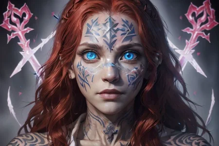 bright red hair, human female, (feminine:1.7), (beautiful face, detailed face:1.6), (beautiful eyes, detailed eyes:1.7), (looking at viewer, eye contact, intense:1.6), (long hair, red hair, curly hair:1.3), , ((masterpiece, best quality, high resolution, realistic, best quality,)), photo realistic, Perfect Face, (detailed face). <lora:GoodHands-vanilla:0.6> <lora:add-detail-xl:0.8>, mage, (Dress White military uniform coat), dagger, rune dagger, glowing runes, , (((glowing magic symbols tattoos, religious tattoos))), ((face tattoos)), glowing tattoos, stone tower in the background
