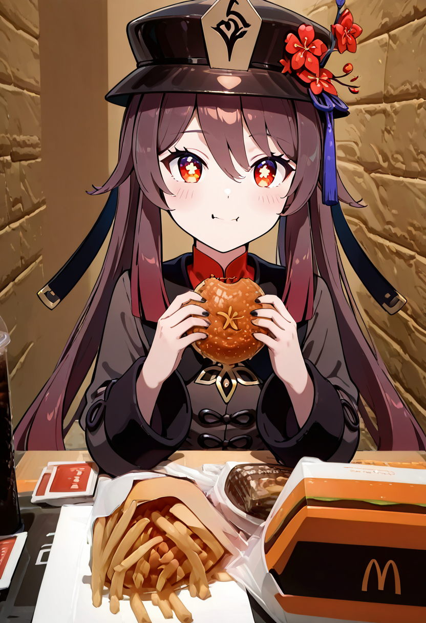 masterpiece, best quality, 1girl, solo, eyelashes, (beautiful eyes),     McD4t3, long hair, looking at viewer, blush, smile, bangs, brown hair, shirt, red eyes, long sleeves, hat, holding, hair between eyes, twintails, closed mouth, upper body, flower, symbol-shaped pupils, black headwear, chinese clothes, eating, holding food, hat flower, bread, flower-shaped pupils, plum blossoms, porkpie hat, hu tao (genshin impact),   ,<lora:McDate_with_2D_Waifu_IXL:1.0>,