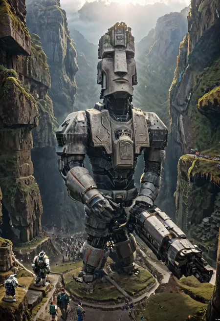 (Moai statue WITH Huge mecha robots, ON easter island:1.5),
(Ancient megalithic civilization, Azka Lines, on Easter Island:1.1), (The colonial city of the future, in the mist-filled Grand Canyon, on an unknown Earth-like planet, 2 moon on sky, Spaceship flight connects colonies, waterfulls:1), (Machu Picchu, a mountain settlement, incredibly spectacular:1), (avant-garde, future, reality, science fiction, photorealistic), White limestone with black granite, fountain, waterfall, landmark, square, path, narrow street, (Large Files, Ultra Realistic, 8K, 16k, FHD, HD, VFX, Perfect, Photography, composition, Architecture Sales Photography, Architecture Competition, Ultra High Resolution, Cinematography, High Resolution Image:1), (dramatic lighting, direct sunlight, ray tracing, clear shadow:1), (real landscape:1), (blurred background:1.0), (urban background, more_details) ,
extremely detailed, industrialbuilding, drdnght machine, spstation, mayamaze, caveruinsAerial