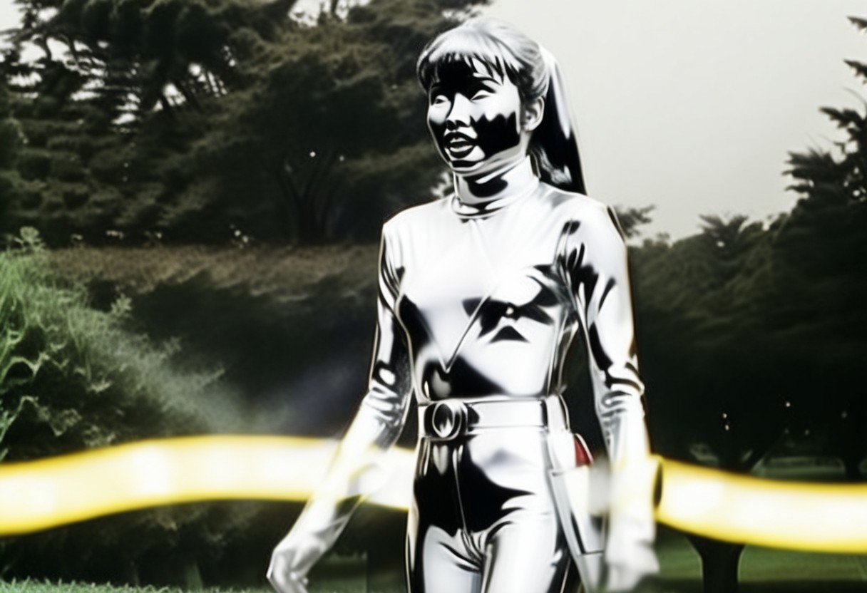 thick chrome energy beam wrapped around waist of chrome statue of power ranger Trini, long straight chrome ponytail hair, fringe, alone, helmetless, chrome catsuit, chrome turtleneck collar, chrome gloves belt boots holster, worried facial expression, gasping, entirely made of chrome, hyperdetailed photography, in rural park