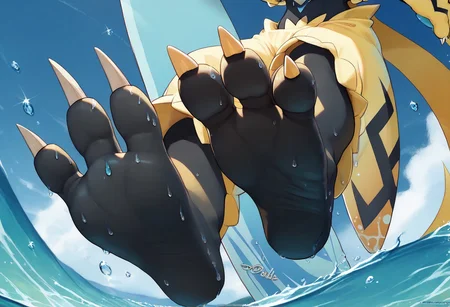 <lora:SlimesZeraora:1>, score_9, score_8_up, score_7_up, slimes_zeraora, solo, dark feet, 3 toes, foot focus, feet style, foot style, water, surfing, feet on surfboard, wet on feet, close-up