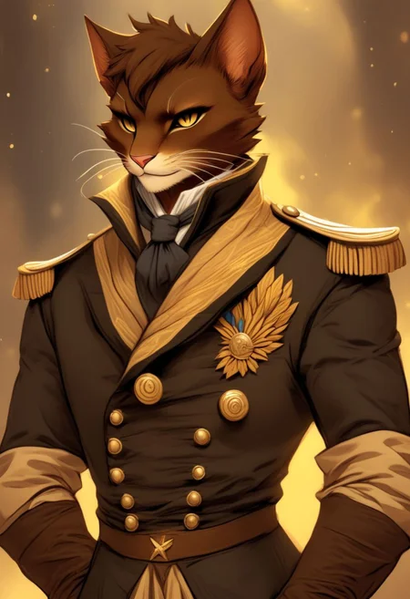 A short haired tabaxi man in well kept sailor captain uniform, Dark brown and tan fur, Commanding, leader, confident, dancer, elegant