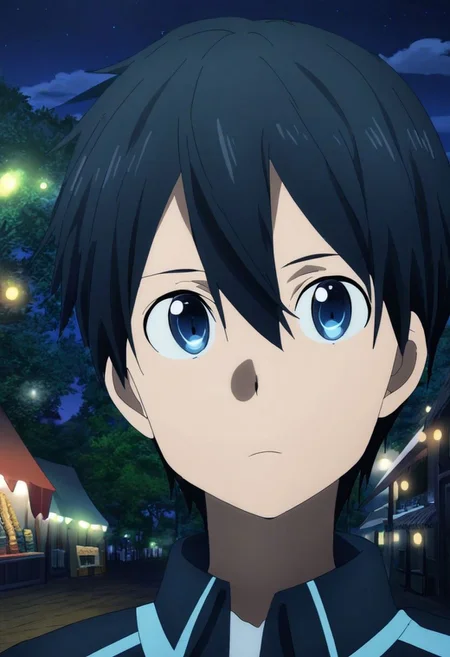 high resolution, solo, best quality, 1Boy, Arata Kaizaki, Portrait, Black Hair, Blue Eyes, date, festival, night, firework, OverallDetail