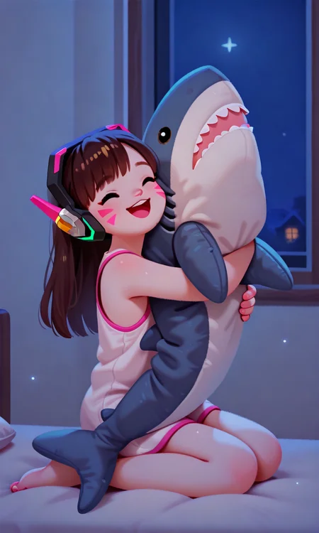 embedding:IllusP0s, pikaole, 1girl, hugging stuffed shark, happy, cute, indoors, night, d.va_\(overwatch\)<lora:pikaole_ill.safetensors:1.0:1.0> <lora:blahaj_stuffed_shark_ill.safetensors:0.7:0.7>