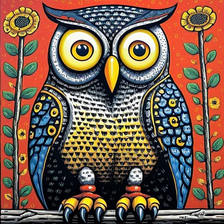 <lora:Neo-Folk_VisionarySDXL:1> ArsMJStyle, Neo-Folk Visionary, The image is a colorful illustration of an owl sitting on a branch. The owl is facing towards the left side of the image and its body is slightly turned to the right. It has large round yellow eyes with black pupils and a red beak. The wings are blue and orange with gold accents and its legs are black with orange toes. The background is a red with a pattern of small yellow flowers and leaves. The overall style of the illustration is whimsical and playful., no humans, red background, floral background, flower, looking at viewer, solo, yellow eyes, bird, claws, red eyes