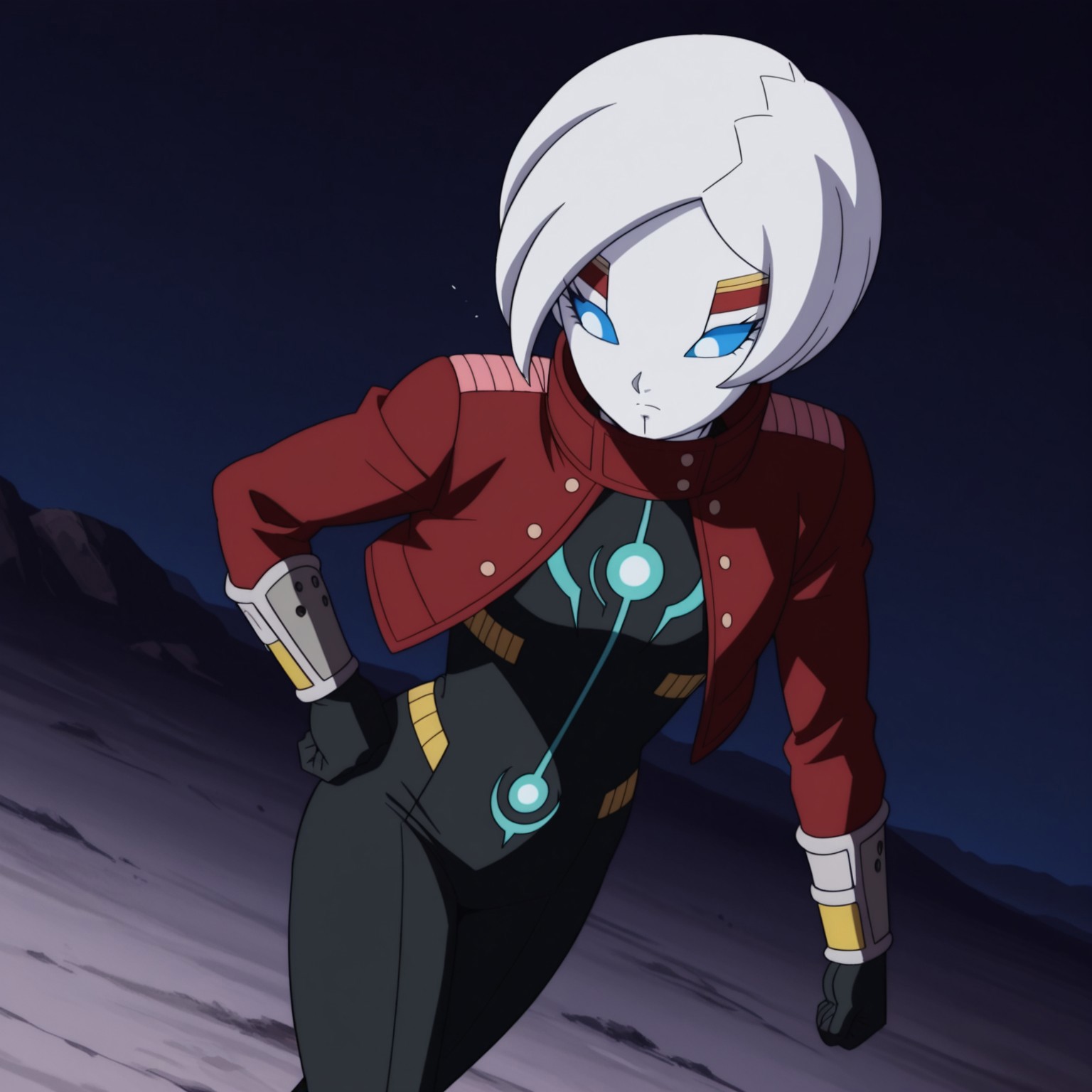 2d, 1girl, solo, Kamin, female, humanoid, white short hair, white skin, white pupils, blue sclera, red cropped jacket, black and blue bodysuit, long sleeves, gray wristbands, gray legbands, eyelashes

BREAK outside, walking, serious expression, one hand on hip, hair blowing in wind, looking around, dynamic angle

BREAK best quality, amazing quality, very aesthetic, absurdres, newest, masterpiece 