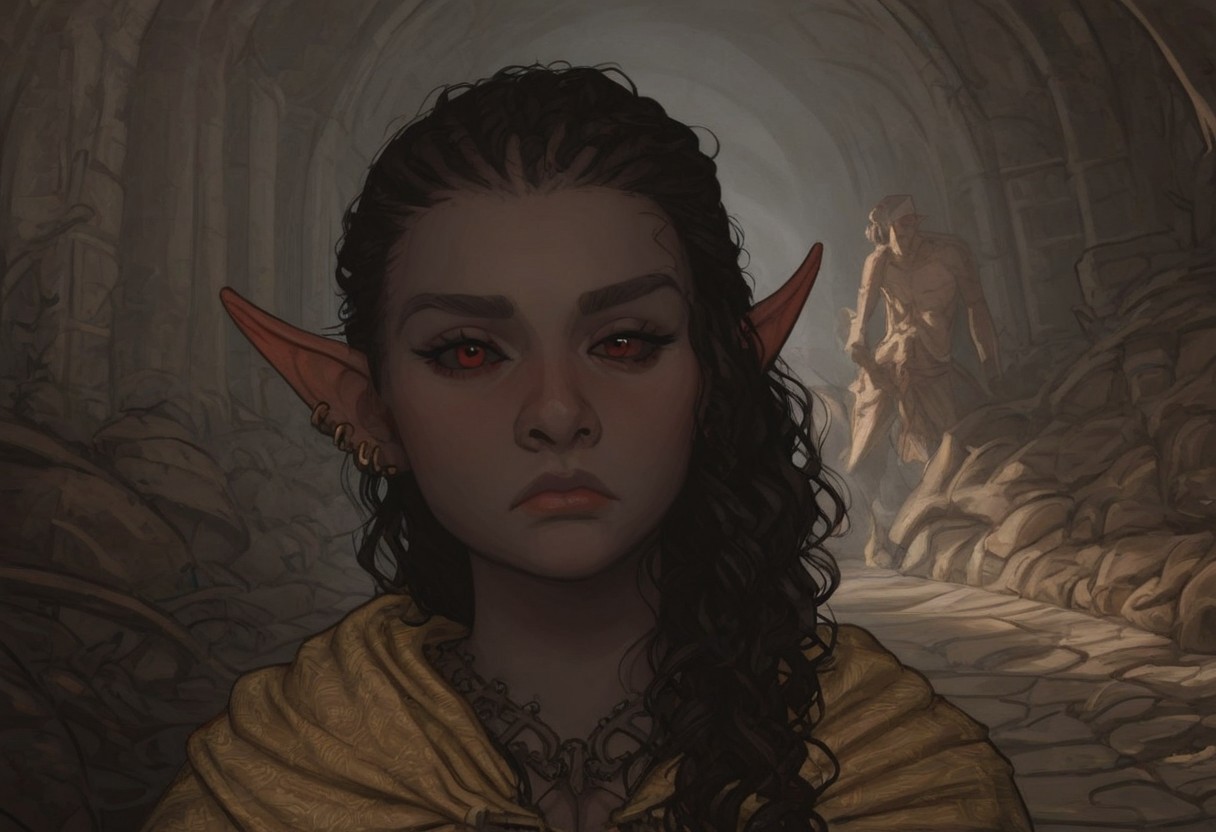 short pointy ears, piercings, nord woman, random elf face, aquiline features, dark elf, dark elves, weathered skin, large nose, animated realism, zoomed out, Syrian features, torso, brass pipes and gears, intricate architecture, dwarven masonry, dwemer fixtures, white-green light, gloomy lighting, ancient ruins, interior, stone tiled floor, grey-blue skin, mahogany and ivory clothes, medium armor, bone plate armor, ivory straps and fittings, grey wood neckguard, dark red sclera, black pupils, distant mushroom forest, blue-green light, neon, highly detailed, defined features, looking at viewer, three quarters view, from front, dynamic lighting, 36 years old, light and shadows, patterned cloth, annoyed expression, expressive eyes, detailed medieval clothes, medium_breasts, cropped hair, wavy hair, thick hair, beaded hair, braided hair, under cut hair, semirealistic, alien elf, spanish features, jewish features, black hair, dark red hair, umber skin, sharp features, pastel green berber print cloak, nighttime, high detail, absurdres, pretty eyes, detailed eyes, red eyes,