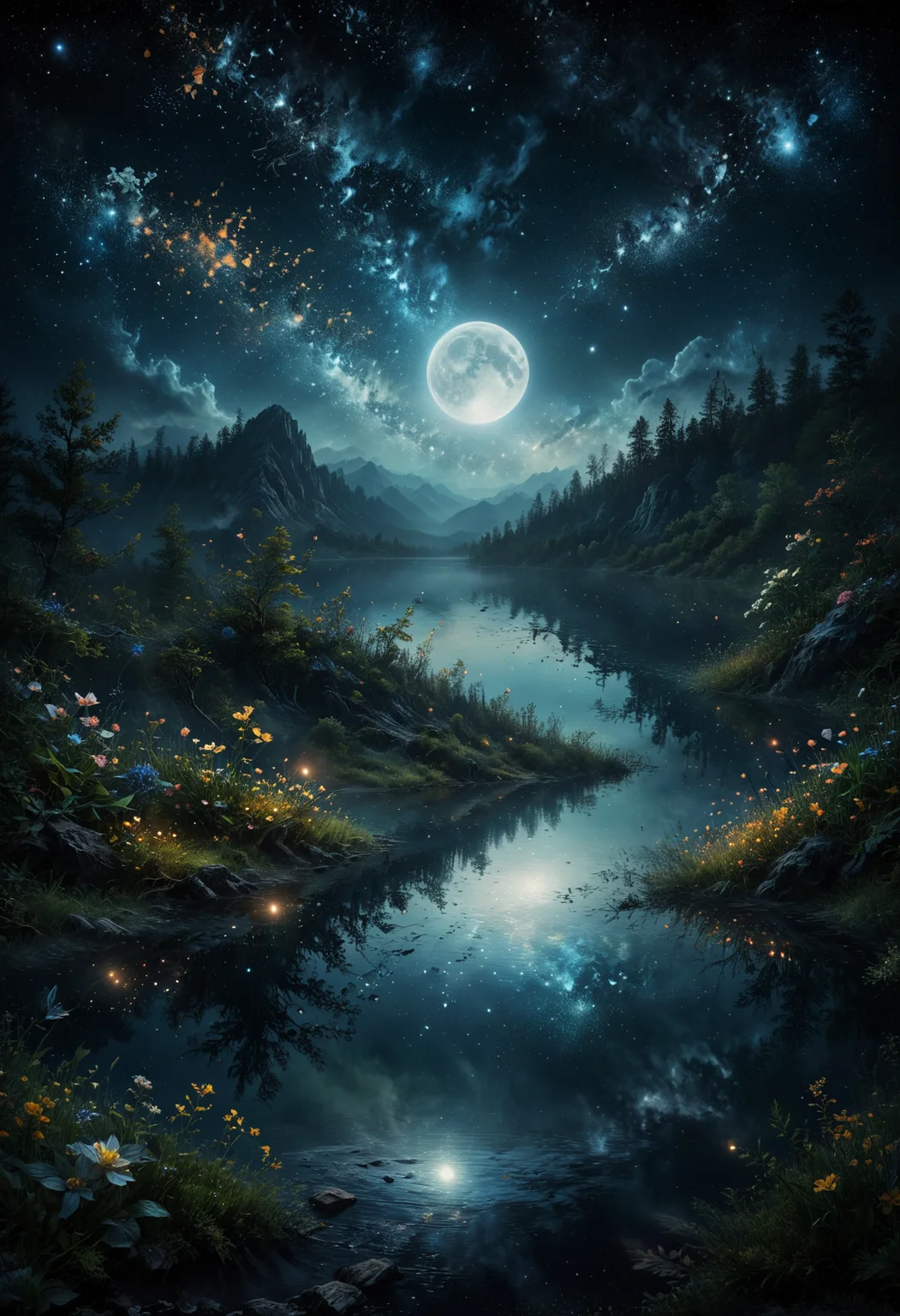 detailed landscape, a lake in the middle of a forest, mountains in background, moon, moonlight reflection, night, stars, insecs, fireflies, flowers, detailed landscape, dark,<lora:add-detail-xl:1>, <lora:MJ52:0.25>, <lora:SDXLFaeTastic2400:0.7>, <lora:ral-dissolve:1> ral-dissolve