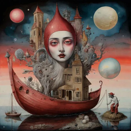 watercolor of a  lowbrow art style, surreal summerscape sunset,with   Pepita  a red dada and a dede hat, holding a large dada that shields  fairytale landscape, hyperrealism, micro-details, surreal, detailing, transparent watercolor+ink, pastel shades, clear outline, stardust, incredible beautiful landscape, dark botanical,dark fantasy,multicolor,multilayer, 3d, threads, fibers, engraving, color illustration, star map, moon, volumetric, unusual fluffy flowers"couple with a  man, a bright white face, and women dark black face with red eyes looking straight at you in a boat More surrealism and madness.much more surrealism and crazy designs. With gold and cardinal red surreal Salvador Dali clouds coming out of her head.more surrealism and bizarre designs with bright vibrant colours.