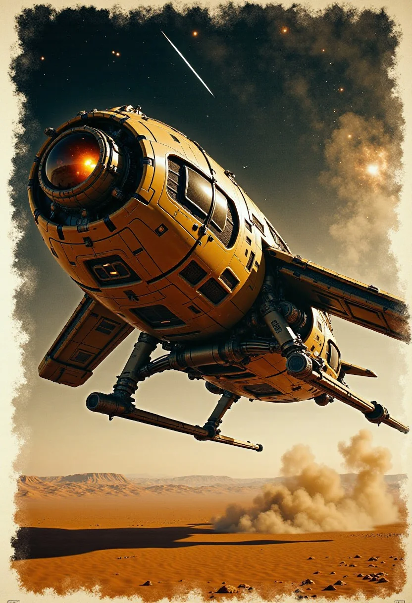 expressive poster ink art on rice paper, sepia, henna , Silhouette Art, magnificent, broad expressive brushstrokes, in the style of cksx, dynamic angle shot of a VTOL ckspaceship with stabiliser legs on skis, gunship taking off vertically from an arid planet surface, dark starry sky, meteor shower