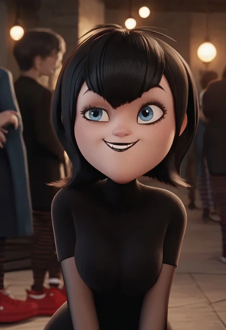 score_9, score_8_up, score_7_up, ultra quality, solo, 1girl, black hair, short hair, blue eyes, fangs, black lips, black nails, , black dress, grey elbow gloves, striped pantyhose, red sneakers, smug smile, butt focus, breasts, big hips, huge butt, bubble butt, curvy, narrow waist, standing, looking to the viewer, view from above, close up, screencap