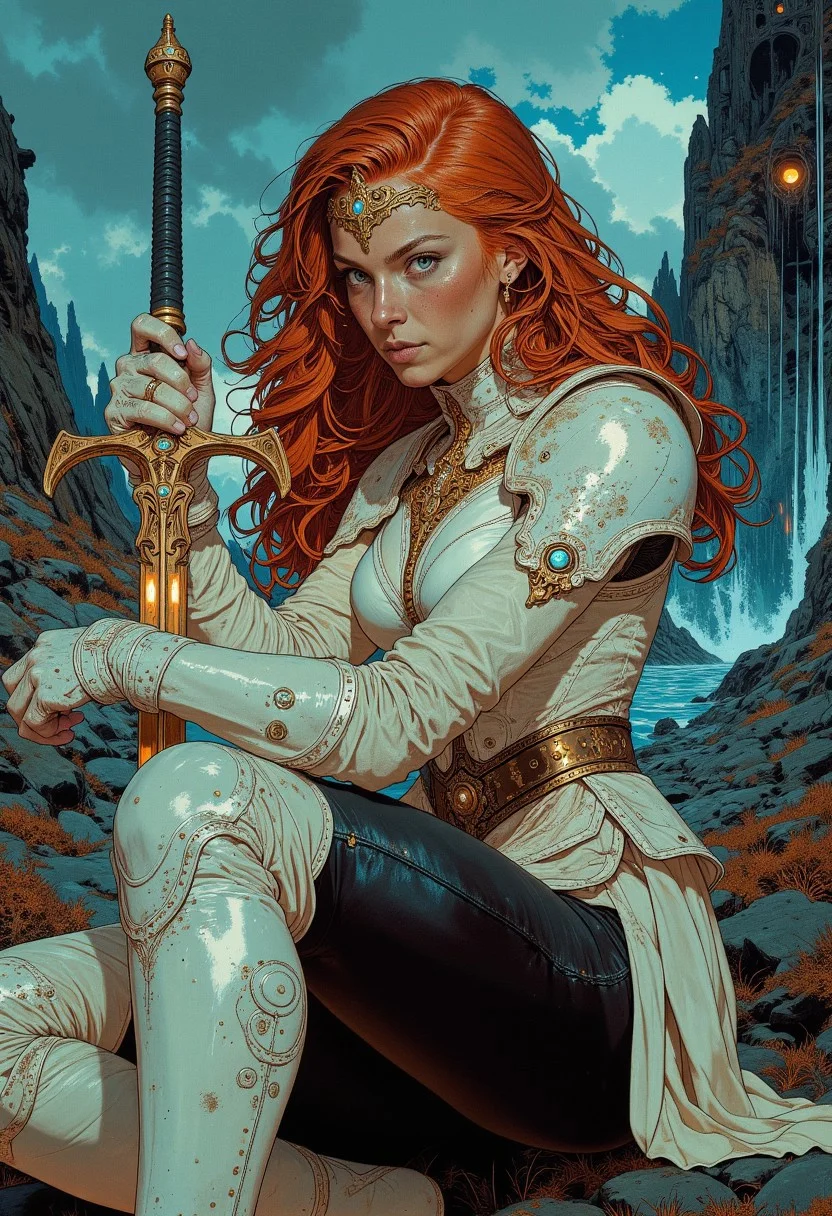 highly detailed and dramatic digital artwork, featuring a heroic woman red hair, long hair, blue eyes, fair_skin, fantasy, in the background a fantasy forest with castle ruins, looking at viewer, sword holds, she looks fierce and confident, watching the environment for dangers. ass focus, she wears a white corset with gold edging, shoulder armor, white overknee leather boots with gold edging, black leather leggings, brown leather belt around the waist. bold dark eye markup and lashes accentuate her blue eyes. her long red hair with golden tiara. expressive pose, moody lighting, full body, sexy pose, futuristic, neon lights, volumetric lighting, vivid colours. Perfect Composition, realistic photographic image, RAW photo highest quality