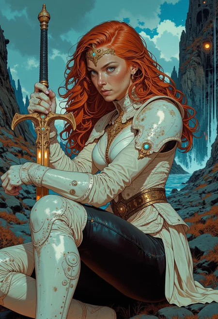 highly detailed and dramatic digital artwork, featuring a heroic woman red hair, long hair, blue eyes, fair_skin, fantasy, in the background a fantasy forest with castle ruins, looking at viewer, sword holds, she looks fierce and confident, watching the environment for dangers. ass focus, she wears a white corset with gold edging, shoulder armor, white overknee leather boots with gold edging, black leather leggings, brown leather belt around the waist. bold dark eye markup and lashes accentuate her blue eyes. her long red hair with golden tiara. expressive pose, moody lighting, full body, sexy pose, futuristic, neon lights, volumetric lighting, vivid colours. Perfect Composition, realistic photographic image, RAW photo highest quality