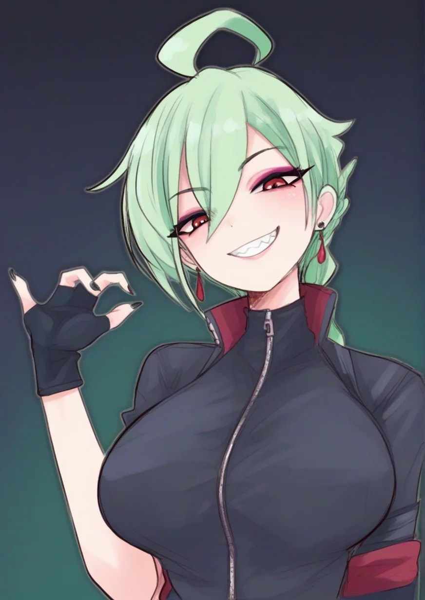 1girl, rika (pokemon), huge breast, ahoge, alternate costume, black gloves, black nails, braid, braided ponytail, claw pose, earrings, eyeshadow, fingerless gloves, gloves, green hair, green nails, grin, hand up, head tilt, high collar, jewelry, long hair, looking at viewer, makeup, nail polish, red eyes, smile, solo, stud earrings, teeth, upper body, zipper, zipper pull tab, zPDXL3 <lora:åæä¸¡äº¬aahnnes:1>