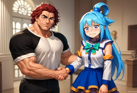 score_9, score_8_up, score_7_up, YoungMichaelScottShakingEdTrucksHand, handshake, <lora:YoungMichaelScottShakingEdTrucksHand_pdxl_Incrs_v1:0.55>, cowboy shot, size difference,
BREAK <lora:Char-YujiroHanma-pony:0.8> YujiroHanma, 1boy, black shirt, muscular male, black pants, short sleeves, pupils, brown eyes, red hair, manly, veins,
BREAK aqua \(konosuba\), blue hair, <lora:concept_aquacrying_ponyXL:0.8> aquacrying, wavy mouth, closed mouth, tearing up