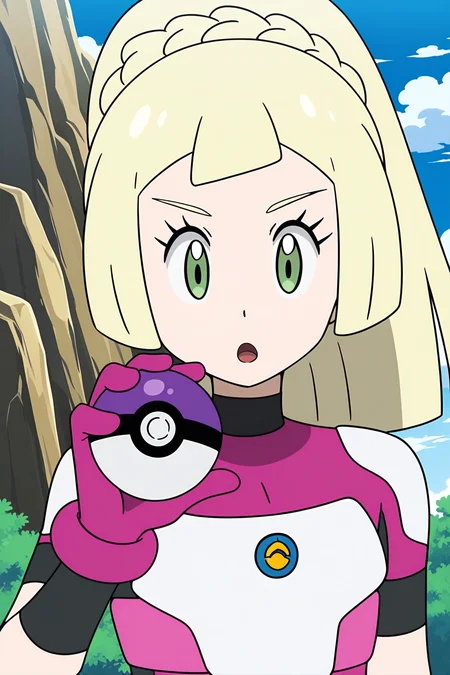 anime, anime screencap, lillieul, 1girl, solo, long hair, open mouth, blonde hair, gloves, holding, green eyes, upper body, braid, ponytail, outdoors, sky, master ball, tongue, day, hand up, cloud, :o, blue sky, eyelashes, cosplay, bodysuit, looking down, poke ball, holding poke ball, pink gloves, lillie \(pokemon\), pokemon
<lora:Lillie_Ultraguardian:1>