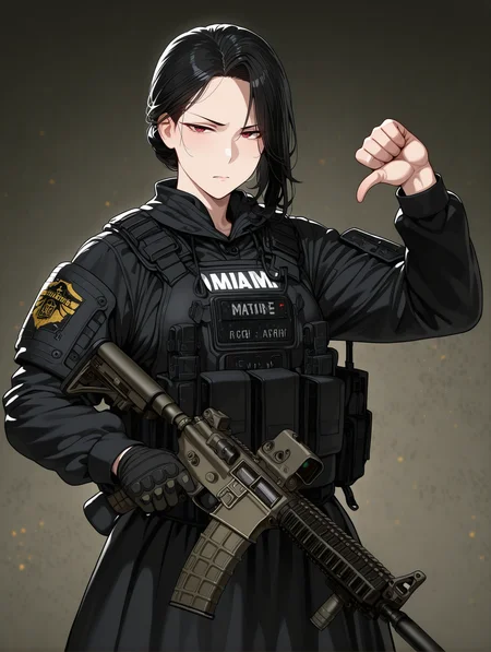 (thumbs down:1.2),hand up, 
 1girl,cowboy shot, 
mature maid, black hair, bulletproof vest, tactical gear, maid uniform, serious looking,m4 carbine, 
,masterpiece,best quality,newest,absurdres,highres,
