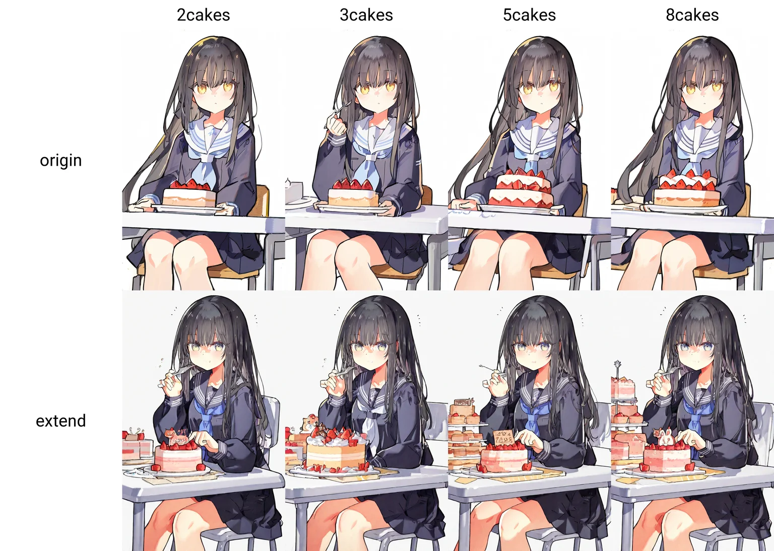 1girl, black long hair, serafuku, sitting, cowboy shot, cake, 2cakes, white desk, white background, simple background,
baram, starshadowmagician, year 2023, newest
<lora:prompt_origin:1>