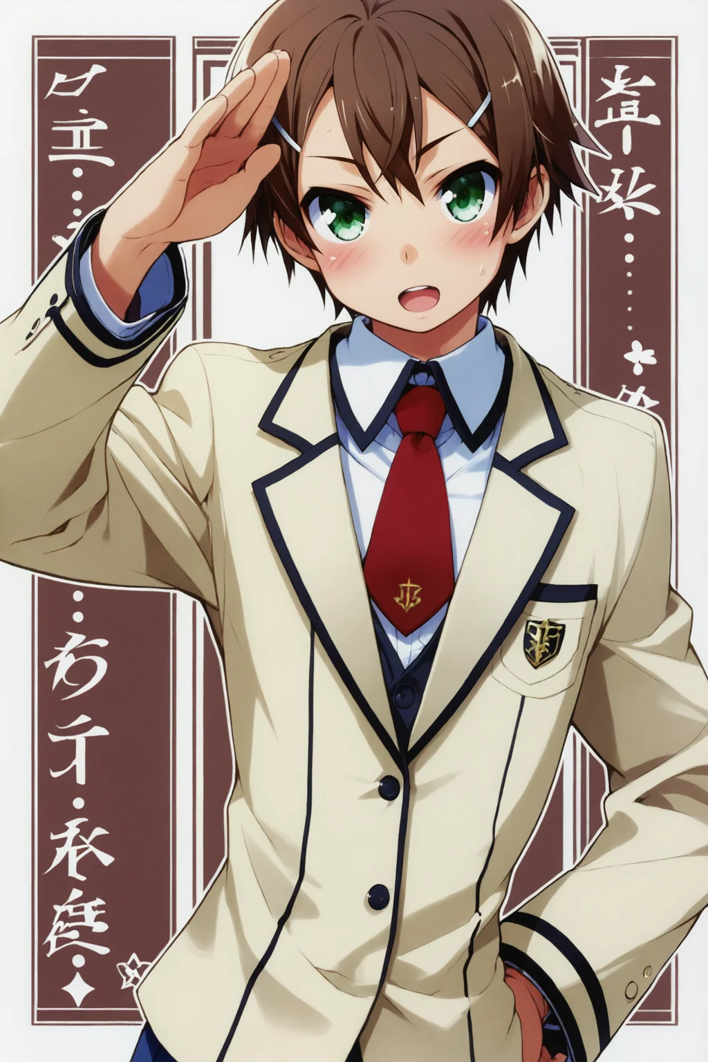 score_9,score_8_up,score_7_up,masterpiece,best quality,very aesthetic,absurdres,official art,official style,
Kinoshita Hideyoshi,solo,1boy,red school uniform,green eyes,male focus,brown hair,hair ornament,necktie,blush,hairclip,salute,short hair,hand on hip,open mouth,androgynous,
<lora:Haga yui_XL_PONY:0.8>,