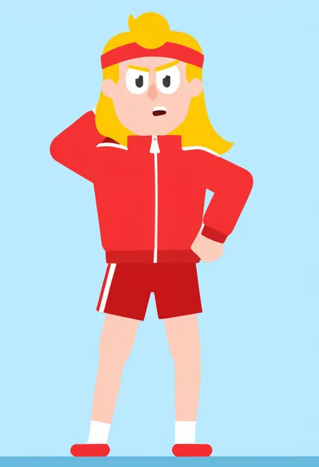 Eddy, EddyDuolingo, man, red shorts, red jacket, ZIPPER, blonde hair, athlete, sports red headband, FLAT COLOR, 
MINIMALISTIC,
VECTOR ART,
CLEAN LINES,
ILLUSTRATION,
GRAPHIC DESIGN,
VECTOR GRAPHICS