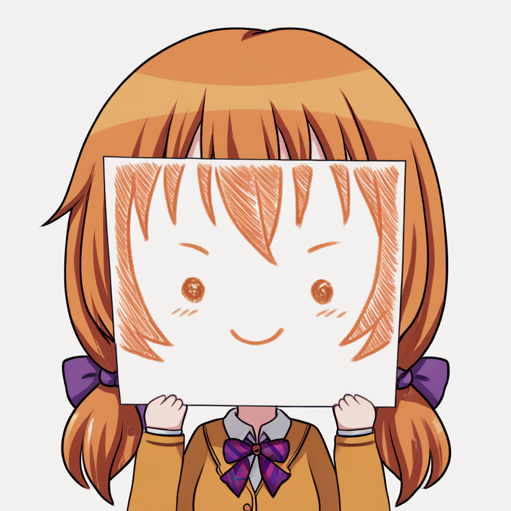 score_9, score_8_up, score_7_up, <lora:PaperLikeFacePony:0.8>
PaperLikeFace, 1girl, solo, bangs, simple background, orange hair with low twintails secured by scrunchies, white background, bow, school uniform with a bowtie, upper body, chibi, transparent background, holding a piece of paper with both hands up, purple bow, triangle mouth,
