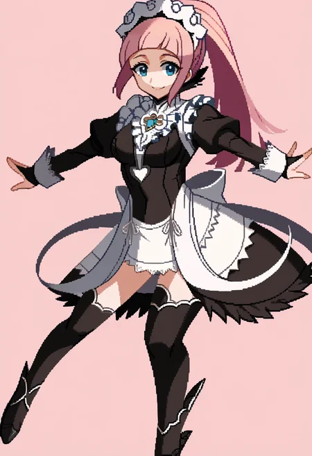 score_9, score_8_up, score_7_up, source_anime, BREAK, solo, 1girl, smile, looking at viewer, <lora:Under-Night-In-Birth-Sprites-pdxl_Fp:1>, simple background, full body, standing, <lora:felicia-fe-richy-v2_pdxl:1>, flcdf, blue eyes, pink hair, long hair, ponytail, maid headdress, black feathered collar, blue brooch, breasts, maid, juliet sleeves, maid apron, bridal gauntlets, black thighhighs,