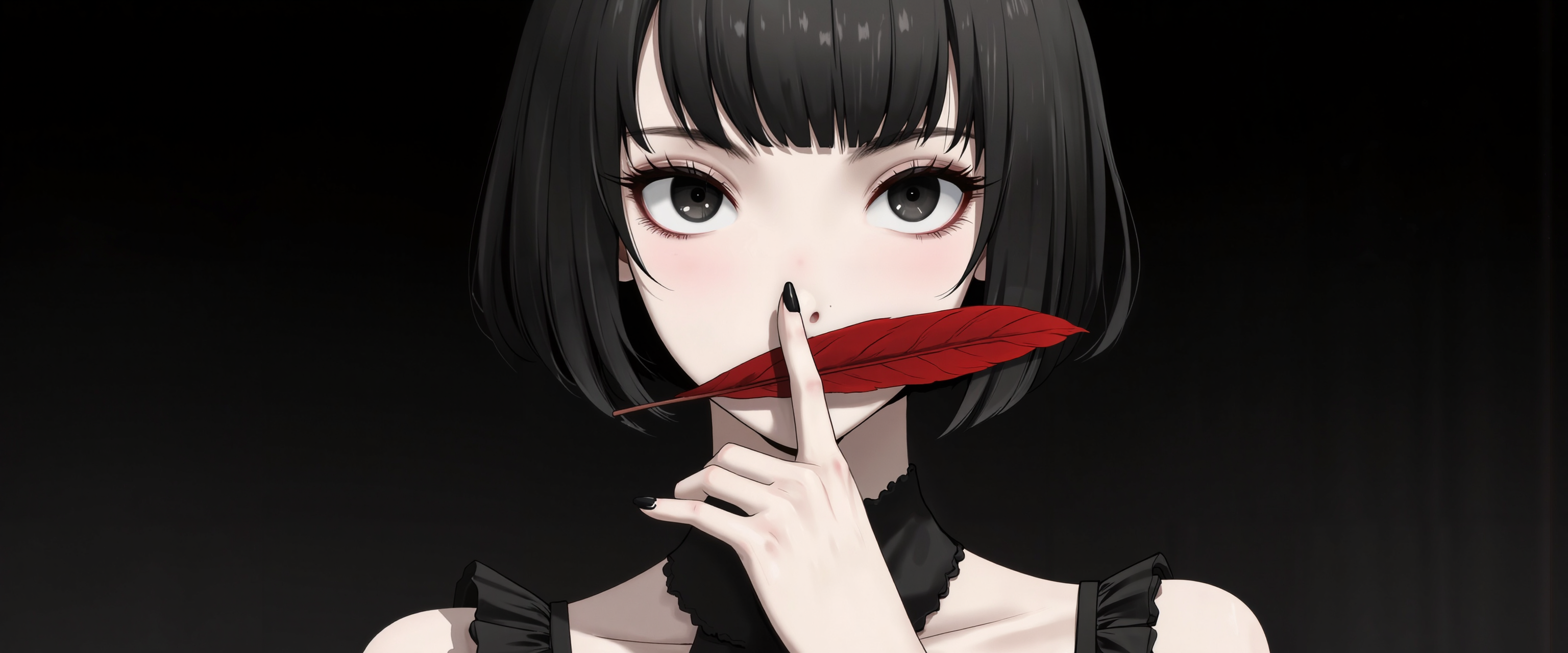 1girl, solo, black hair, bob cut, bangs, black eyes, solid eyes, detailed eyes, glooming eyes, eyelashes, makeup, expressionless, looking at viewer, pale skin, black nail polish, frilled dress, high collard,lace trim, collarbone, holding feather, covering mouth and nose with red feather, black gradient background, dark theme,chromatic aberration, backlighting, straight on, close up, face portrait, limited palette, no lineart, no outline,painterly, minimalism, blending, flat color<lora:Evangelion_Post-impact_Apocalyptic_Style_Flux.1_D_by_AutoPastel-000019:0.38> <lora:Hand v2:0.99> <lora:Dark_Gray_Photography_flux:0.22> <lora:8k Midjouney Anime Style:0.83>