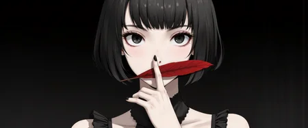 1girl, solo, black hair, bob cut, bangs, black eyes, solid eyes, detailed eyes, glooming eyes, eyelashes, makeup, expressionless, looking at viewer, pale skin, black nail polish, frilled dress, high collard,lace trim, collarbone, holding feather, covering mouth and nose with red feather, black gradient background, dark theme,chromatic aberration, backlighting, straight on, close up, face portrait, limited palette, no lineart, no outline,painterly, minimalism, blending, flat color<lora:Evangelion_Post-impact_Apocalyptic_Style_Flux.1_D_by_AutoPastel-000019:0.38> <lora:Hand v2:0.99> <lora:Dark_Gray_Photography_flux:0.22> <lora:8k Midjouney Anime Style:0.83>