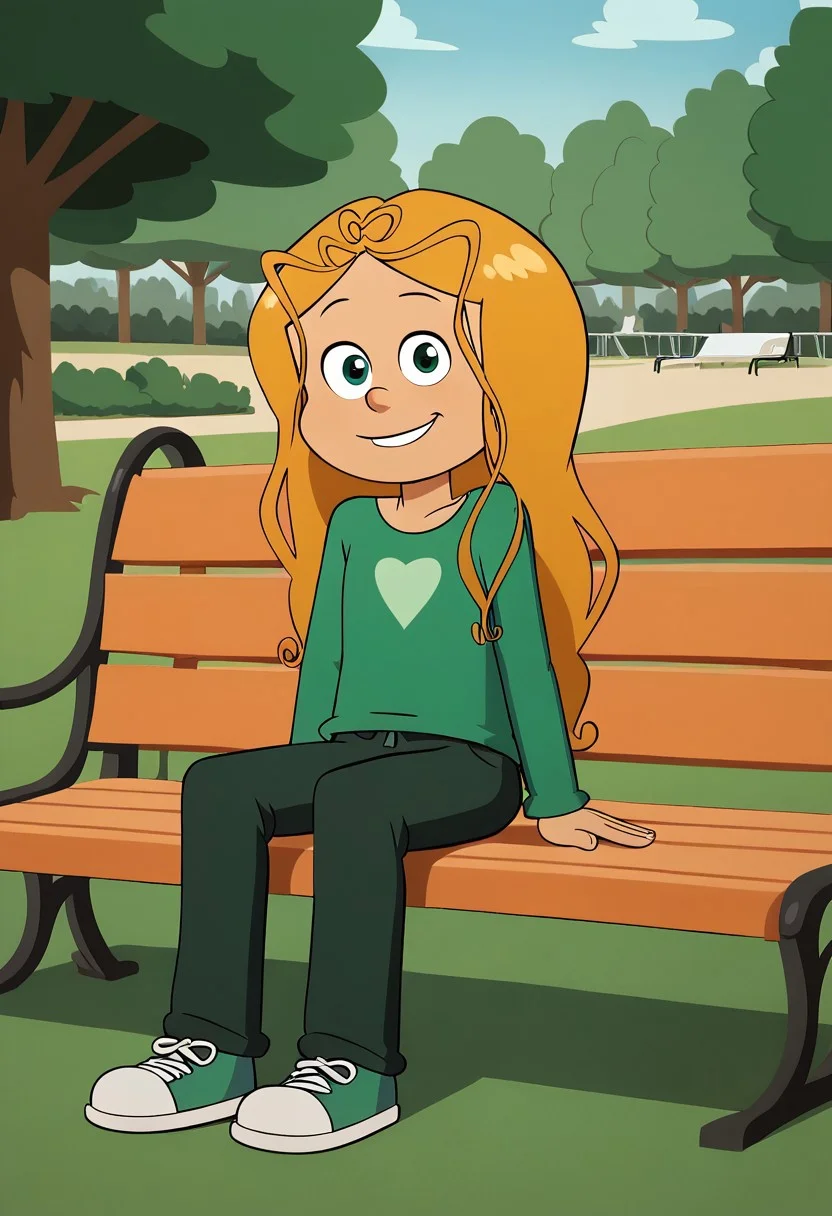 score_9, score_8_up, marine_ts, 1girl, blonde hair, long hair, green shirt, smile, outdoors, sitting, park bench, sunlight, shadows, natural lighting, fullbody, looking at viewer,